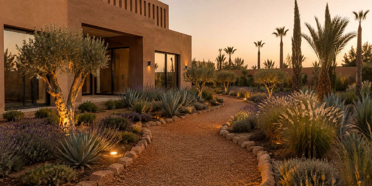 Allée de jardin éclairée au coucher du soleil à Marrakech