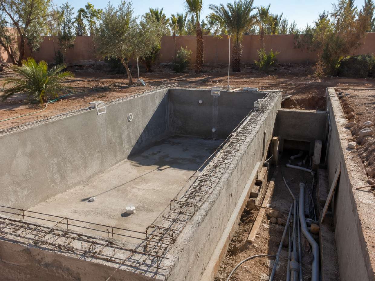 Bassin de piscine en béton armé en cours de construction