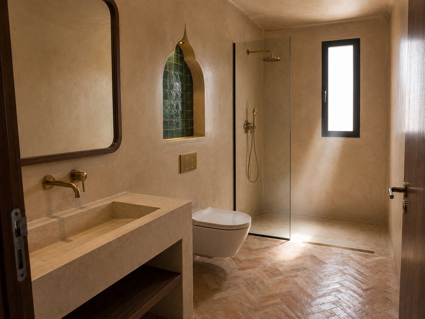 La même salle de bain rénovée en tadelakt et zellige
