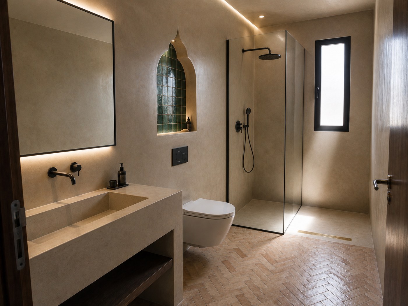 Salle d'eau contemporaine en tadelakt et robinetterie noire