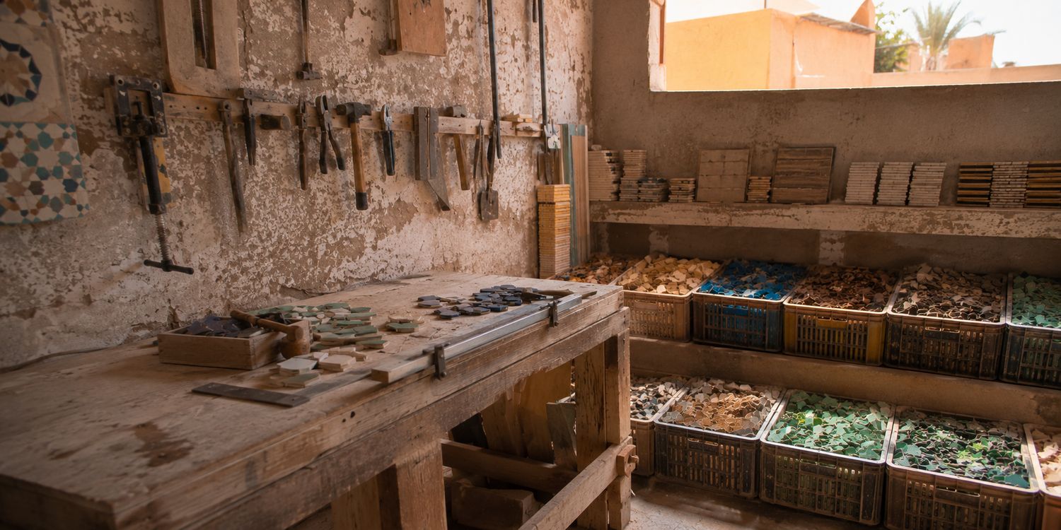 Atelier de tailleur de zellige &agrave; Marrakech, outils et tesselles tri&eacute;es