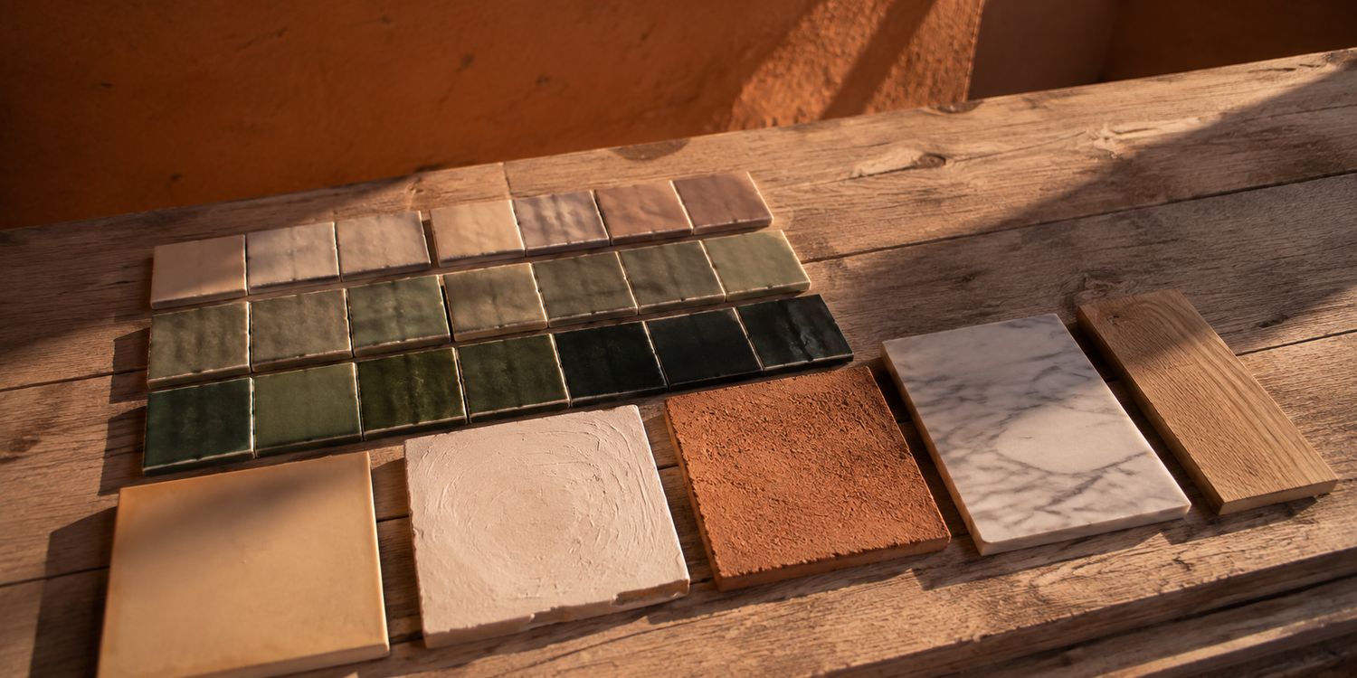 Échantillons de zellige, tadelakt, bejmat et marbre alignés sur une table