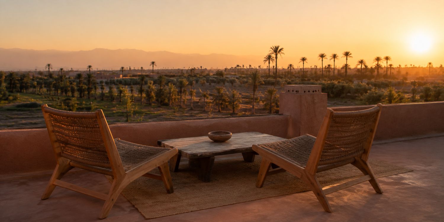 Terrasse de villa &agrave; Marrakech au coucher du soleil face &agrave; la palmeraie