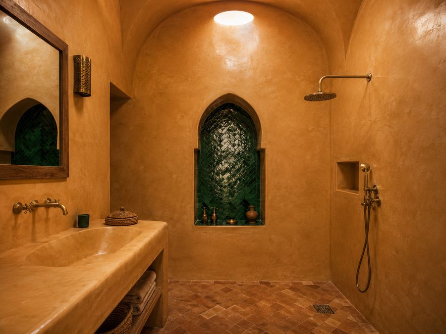 Salle d'eau de riad en tadelakt et zellige à Marrakech