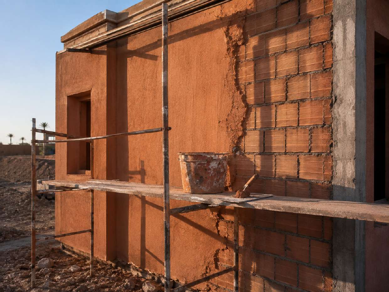 Enduit de terre appliqué sur une façade en brique