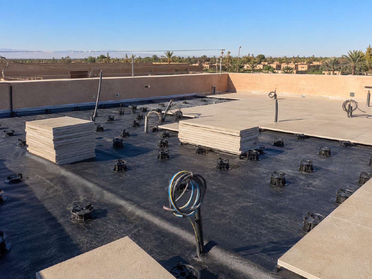 Dalles sur plots réglables sur un toit-terrasse