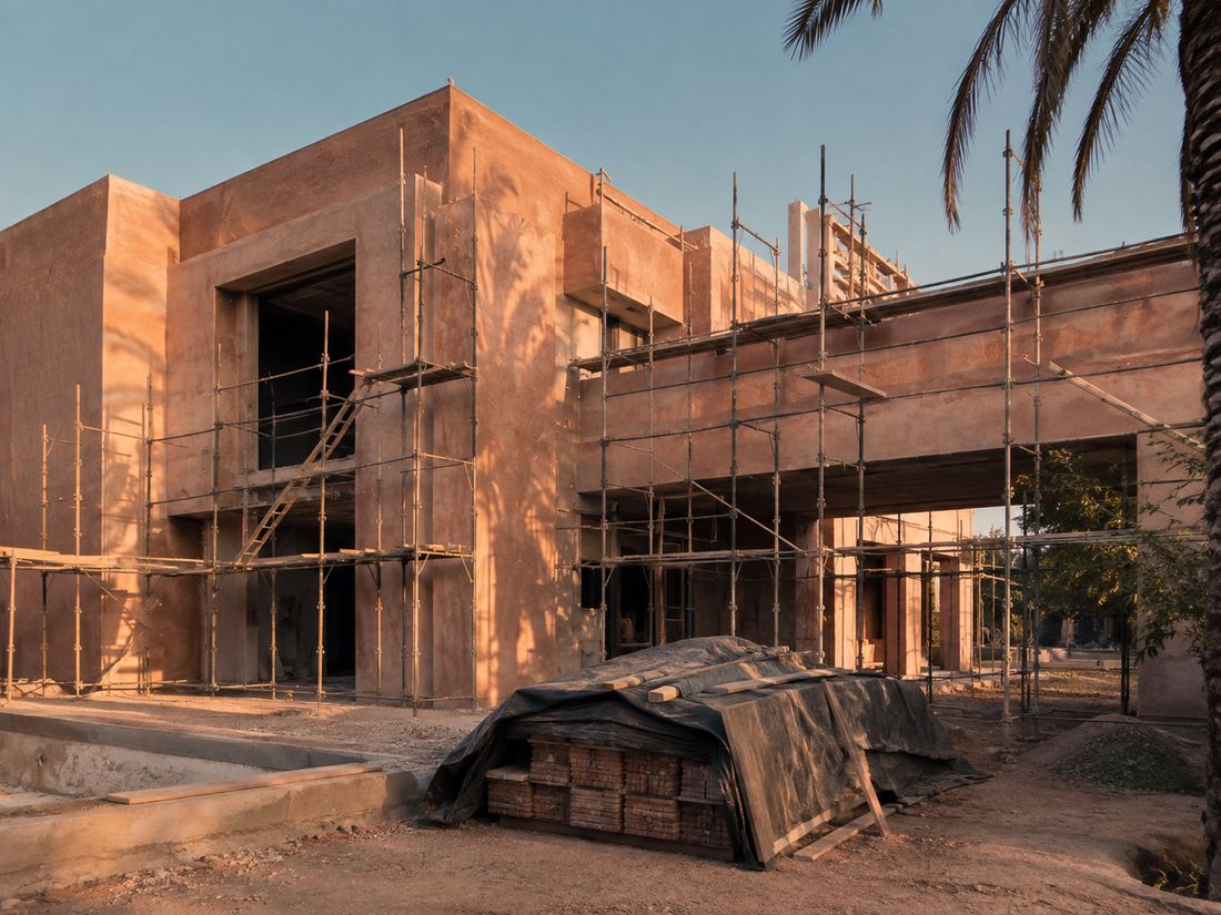 Villa en construction à Marrakech, échafaudages et façade en enduit terracotta