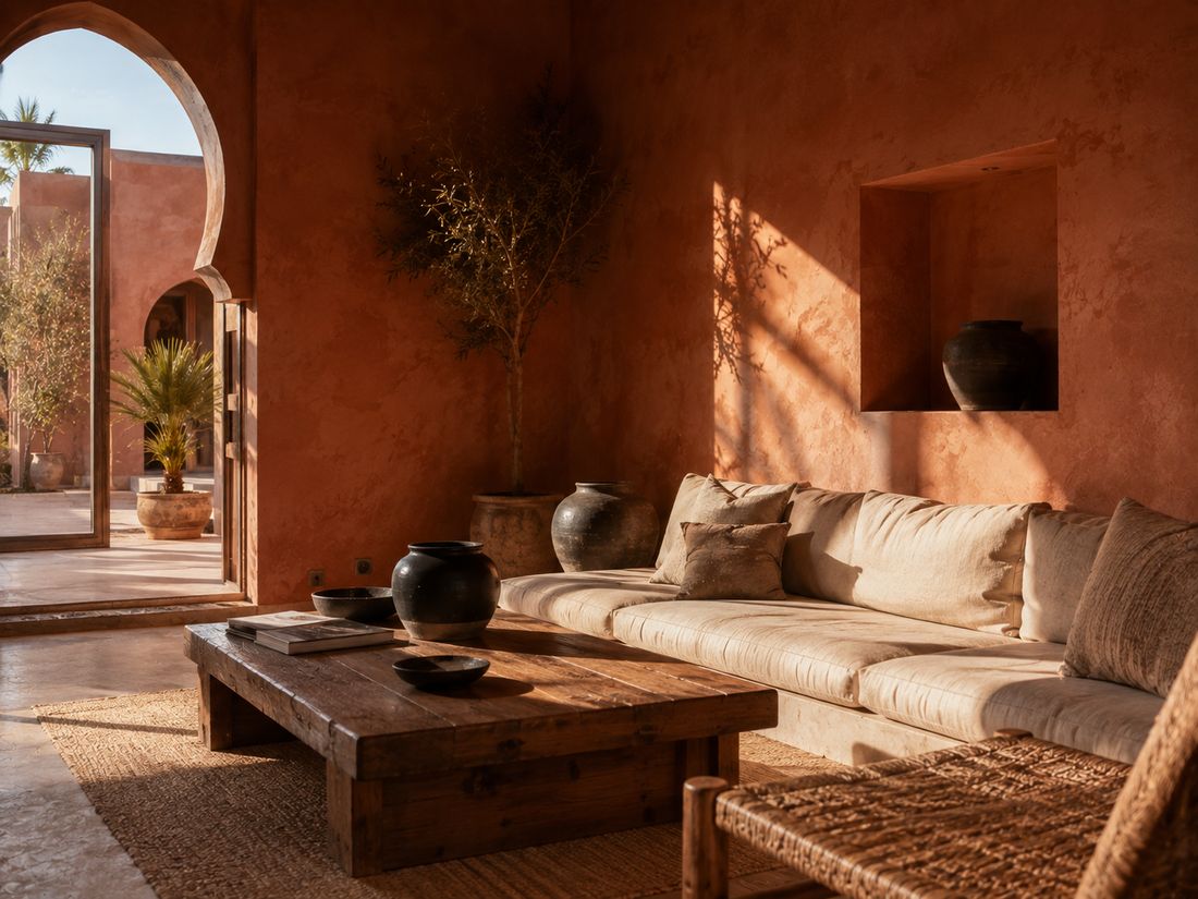 Salon d'une villa à Marrakech, murs en tadelakt terracotta et mobilier en lin