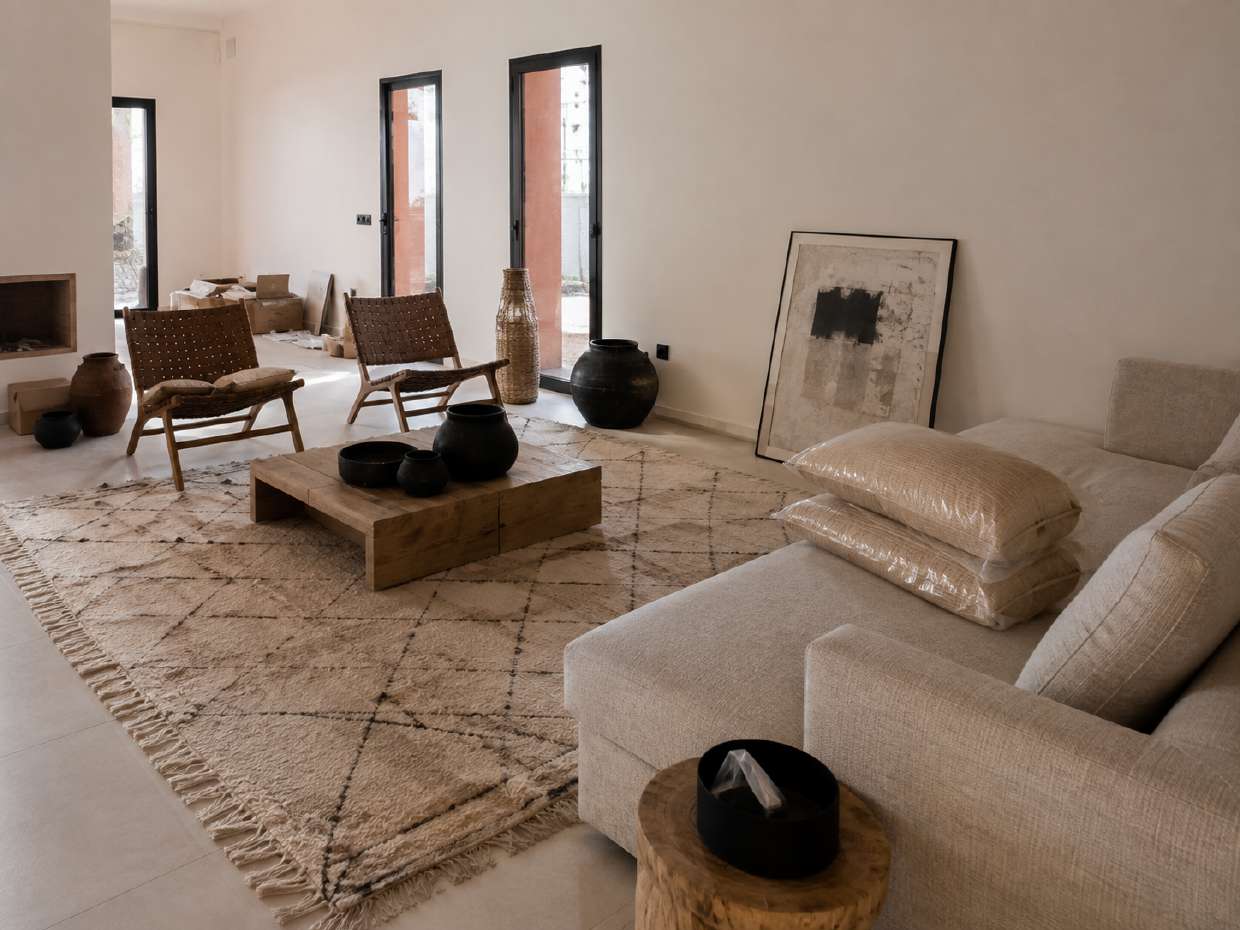 Séjour contemporain avec tapis berbère et poteries