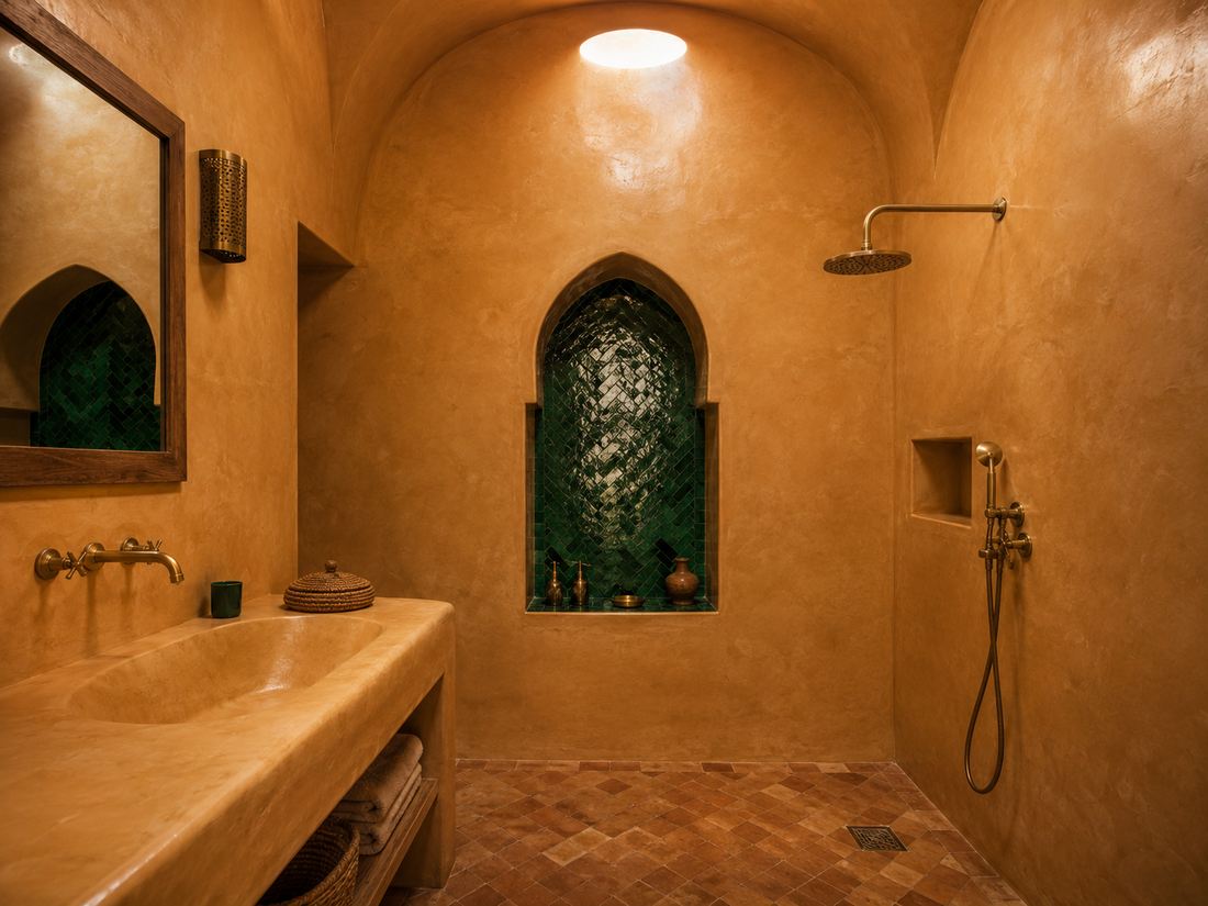 Salle d'eau traditionnelle en tadelakt et zellige à Marrakech