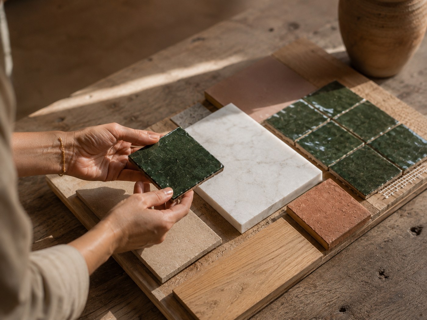 Planche de matériaux, zellige vert, marbre, terre cuite et chêne