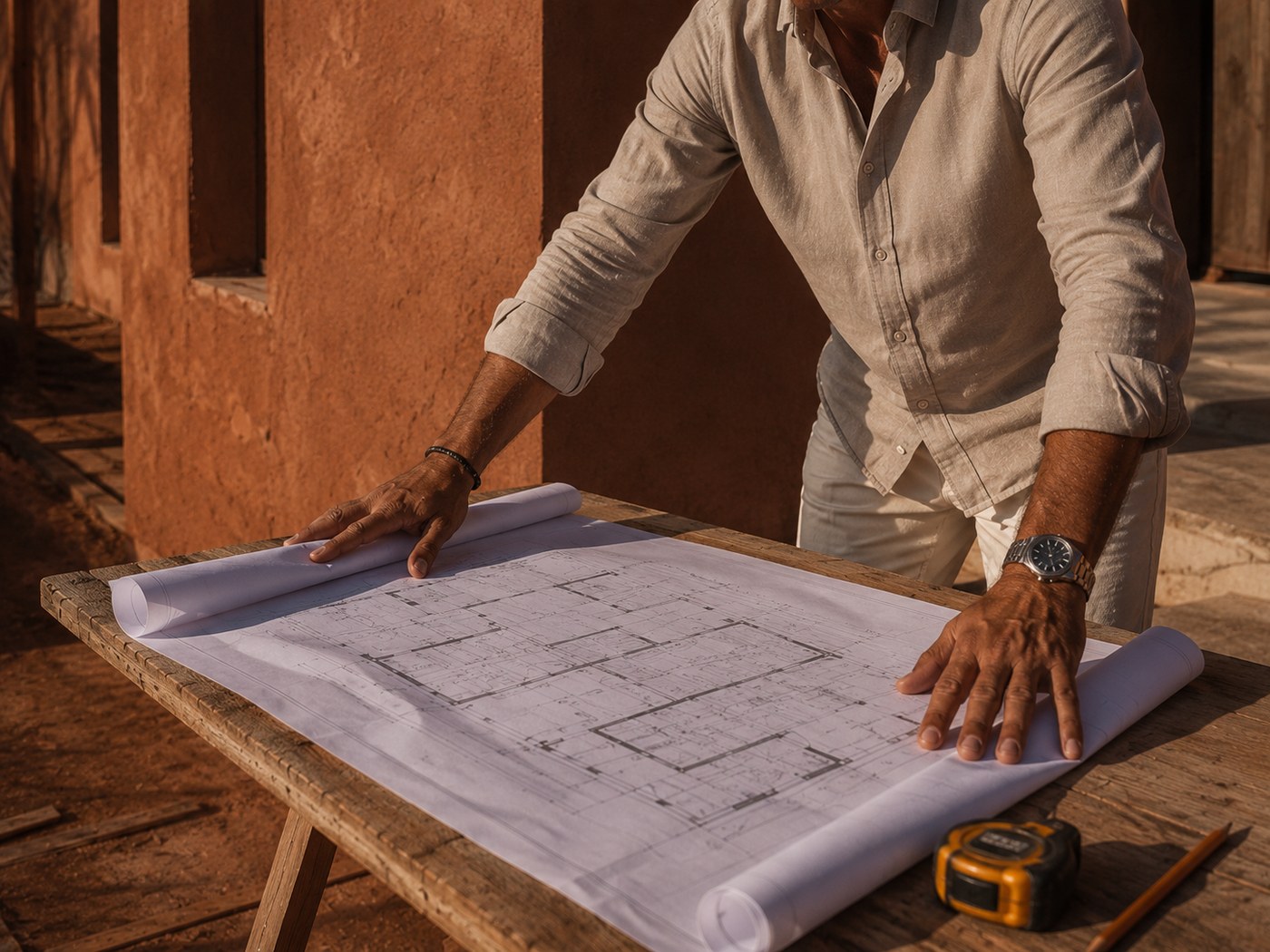 Plan d'exécution déplié sur une table de chantier à Marrakech
