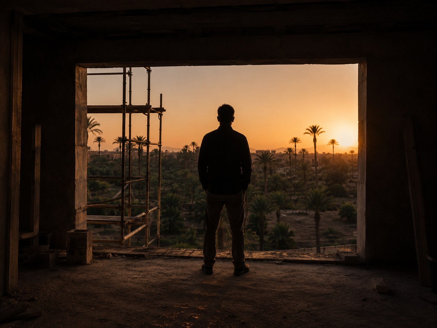 Silhouette dans une baie de chantier à Marrakech au coucher du soleil