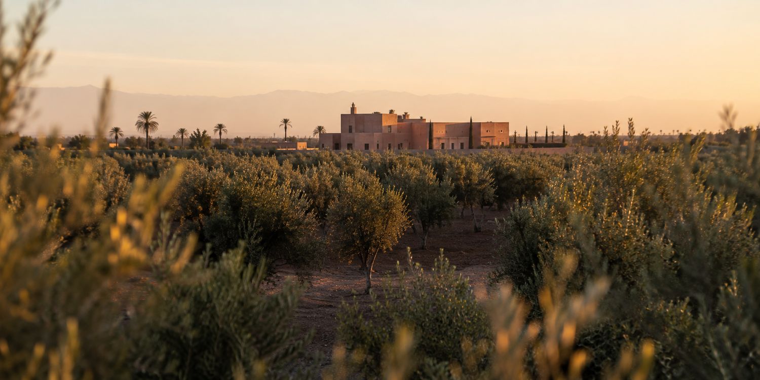 Villa en terre &agrave; Marrakech vue &agrave; travers une oliveraie