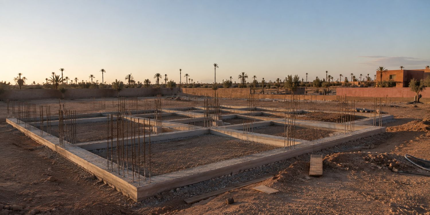 Fondations coulées d'une villa à Marrakech au coucher du soleil