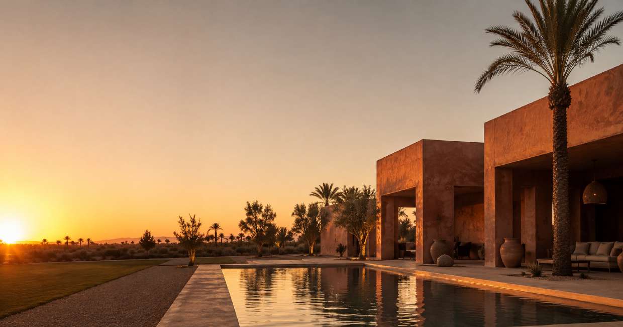 Villa contemporaine en terre avec piscine au coucher du soleil