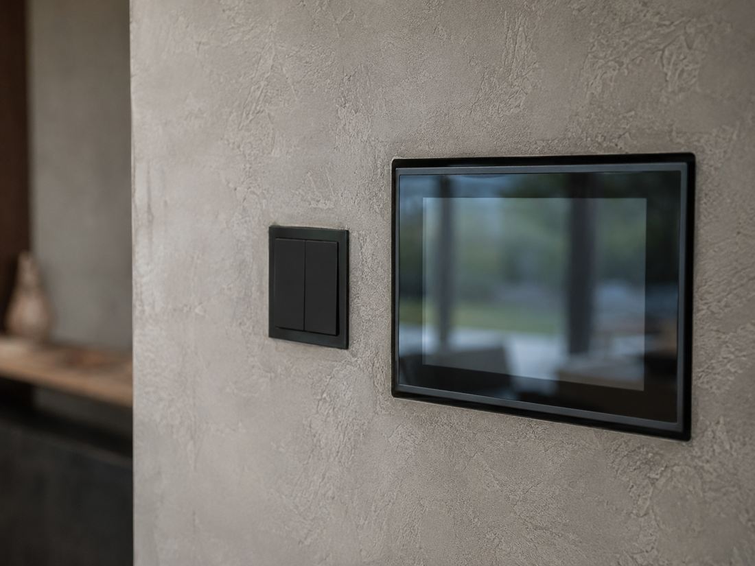 &Eacute;cran tactile de domotique encastr&eacute; dans un mur en b&eacute;ton cir&eacute;