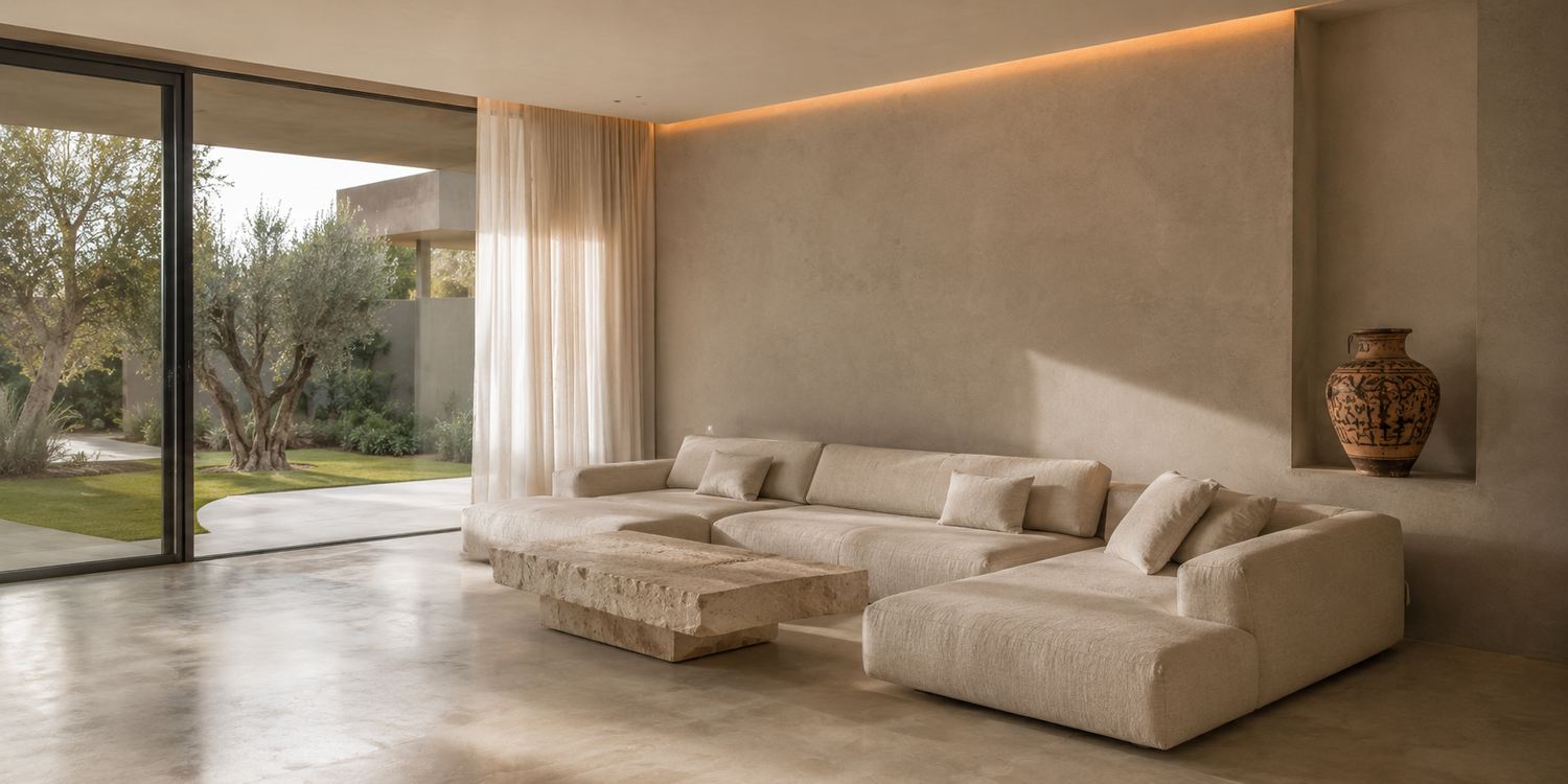 Int&eacute;rieur contemporain &agrave; Marrakech, b&eacute;ton cir&eacute; et &eacute;clairage int&eacute;gr&eacute;