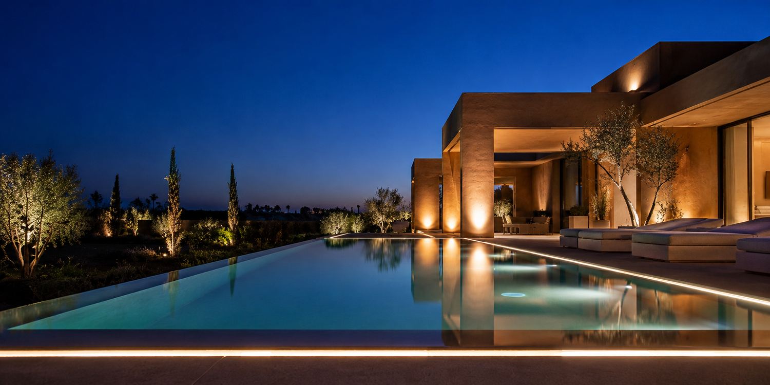 Piscine &agrave; d&eacute;bordement &eacute;clair&eacute;e la nuit &agrave; Marrakech