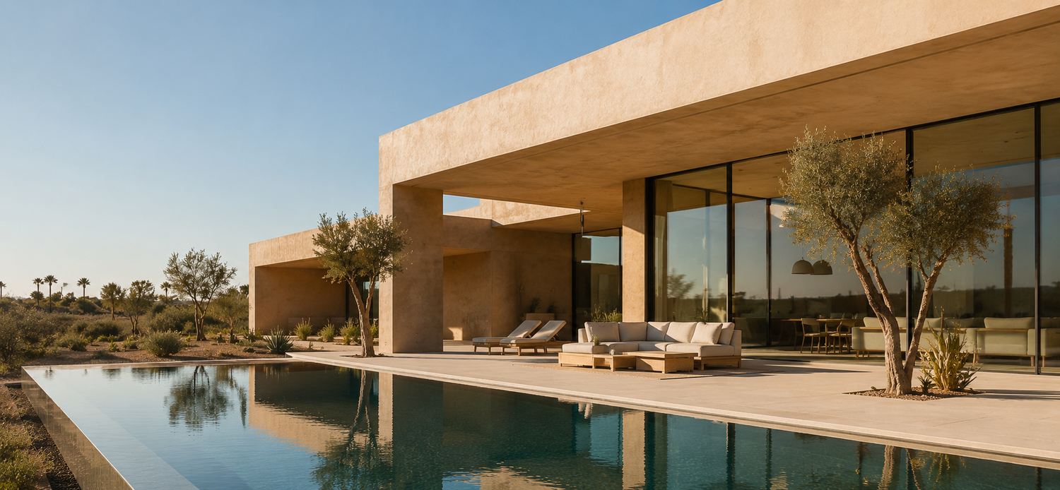 Villa contemporaine &agrave; Marrakech, architecture &eacute;pur&eacute;e et grandes baies vitr&eacute;es