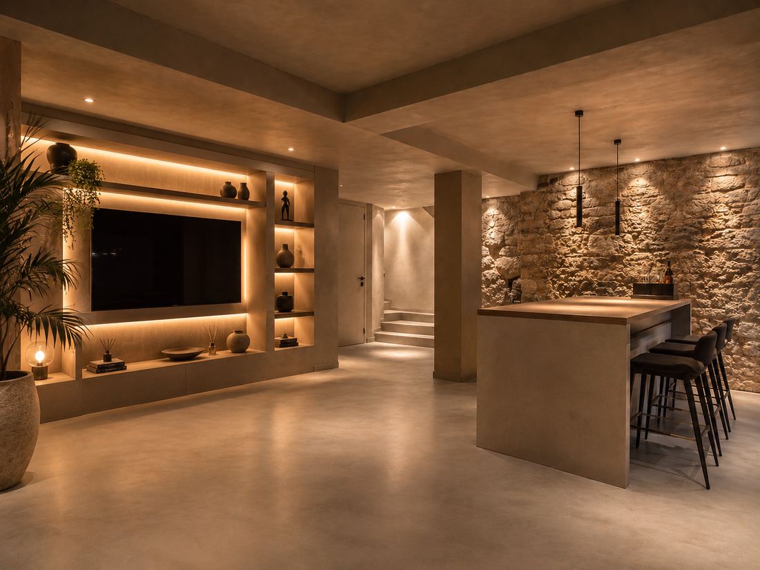 Home cinéma et bar en sous-sol de villa à Marrakech