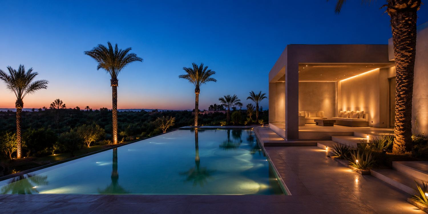 Piscine à débordement éclairée la nuit à Marrakech