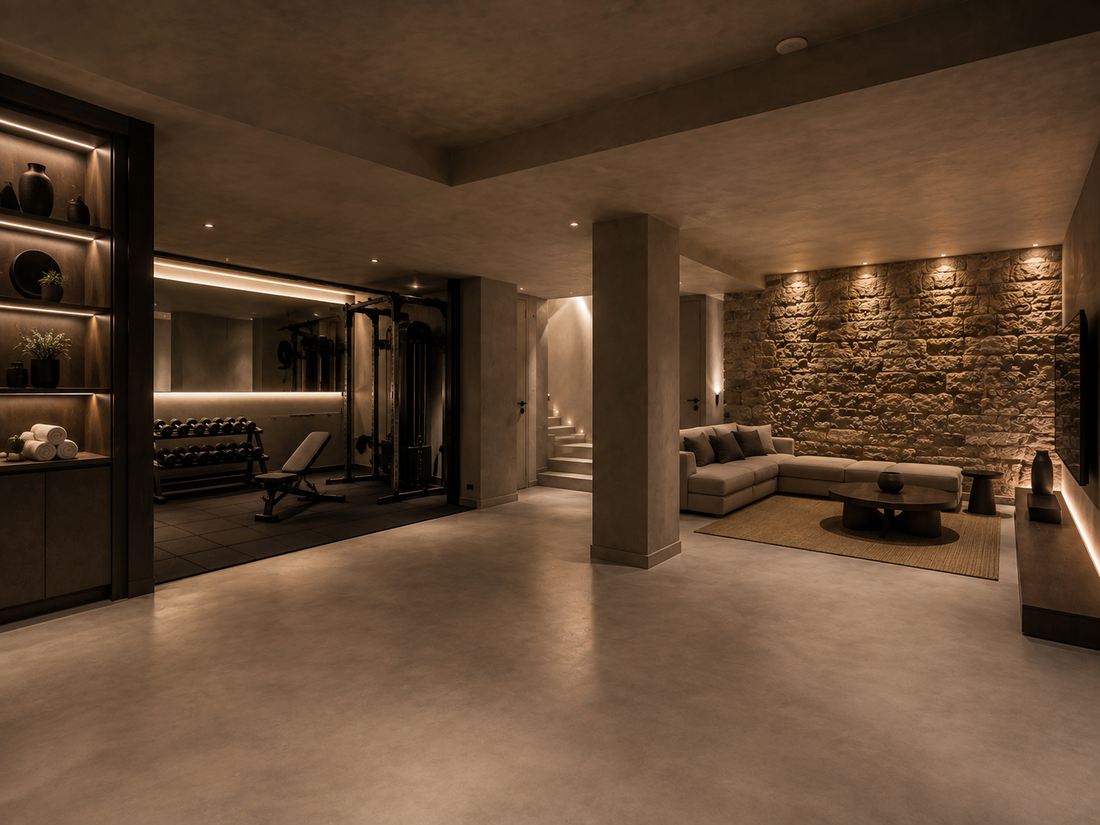 Sous-sol aménagé avec salle de sport dans une villa à Marrakech