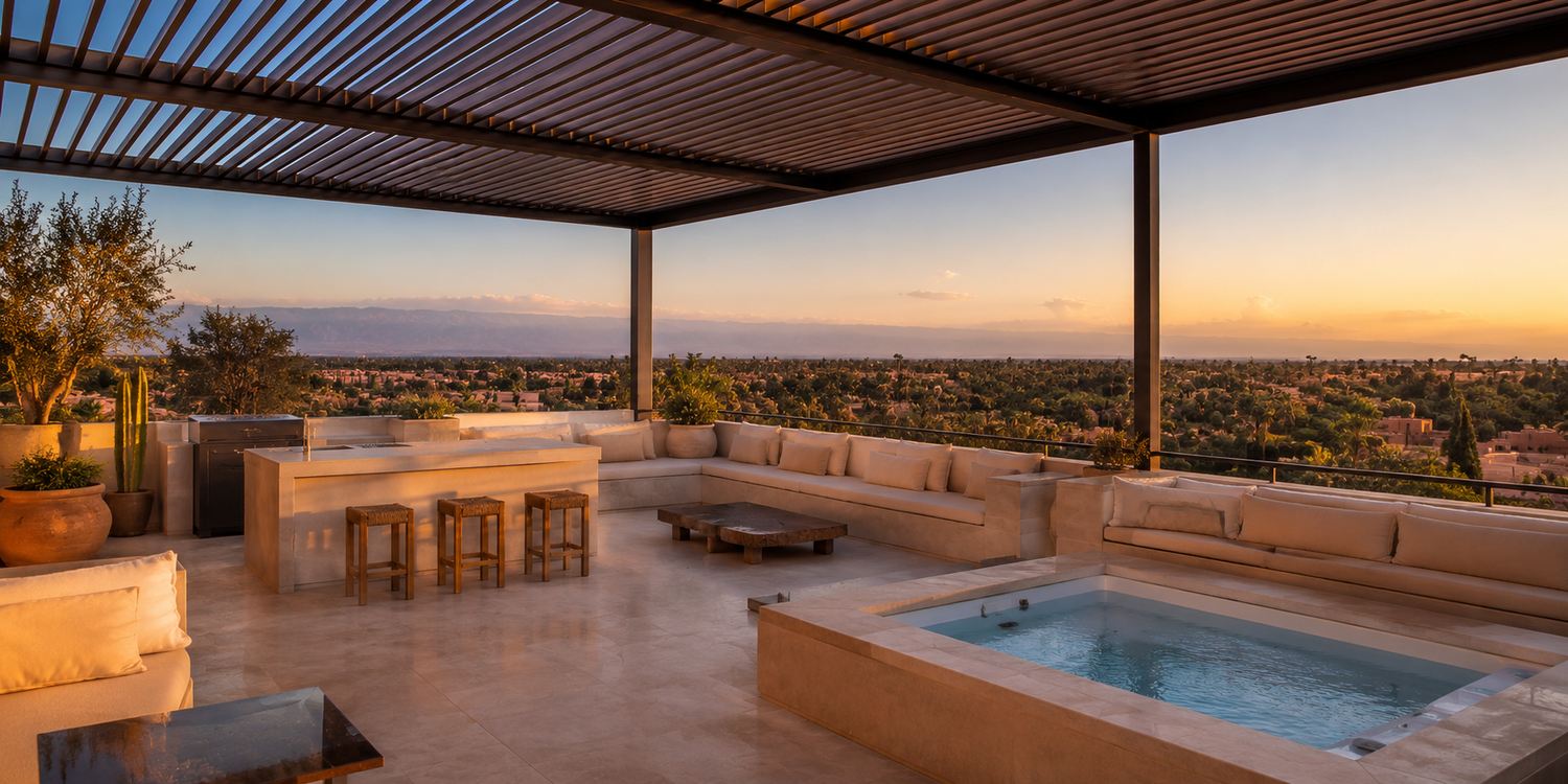 Toit-terrasse avec pergola bioclimatique et jacuzzi à Marrakech