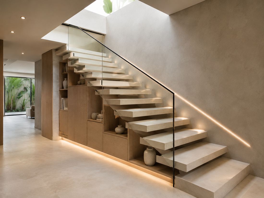 Escalier à marches suspendues avec rangements intégrés