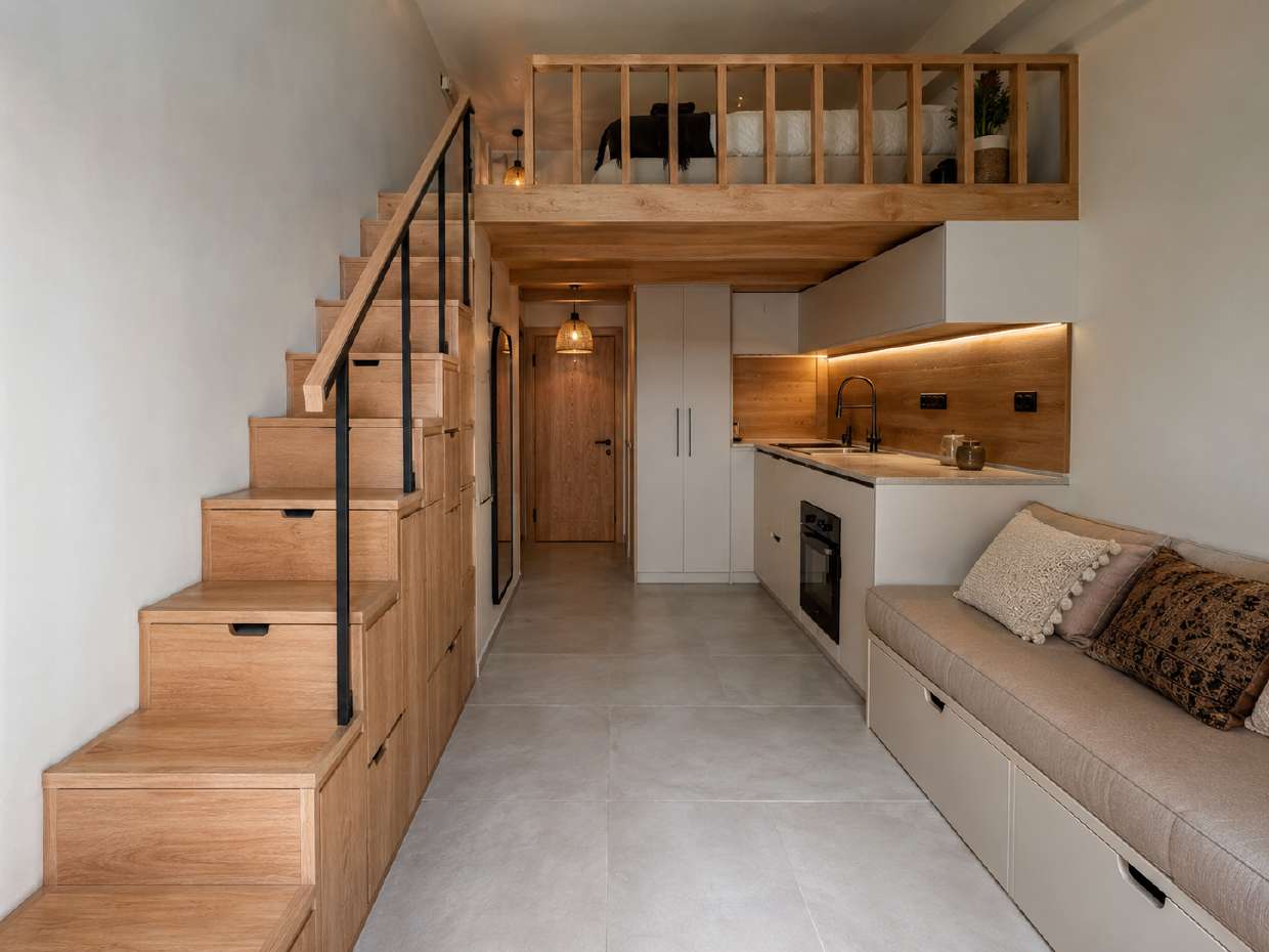 Studio optimisé avec mezzanine et escalier à tiroirs