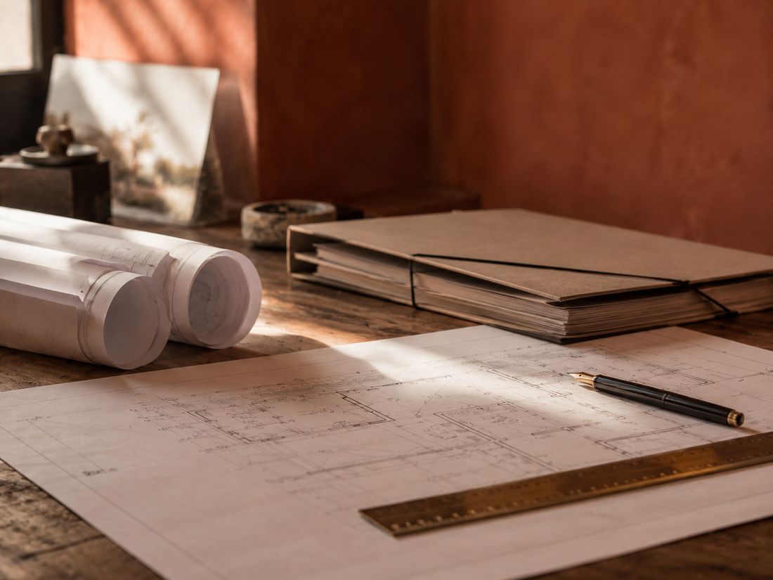 Dossier de permis de construire et plans techniques sur un bureau