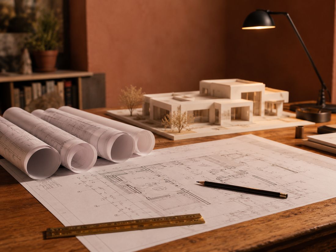 Plans d'architecte et maquette d'une villa contemporaine à Marrakech