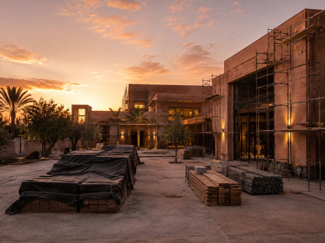 Chantier de villa à Marrakech au crépuscule, matériaux rangés sous bâche