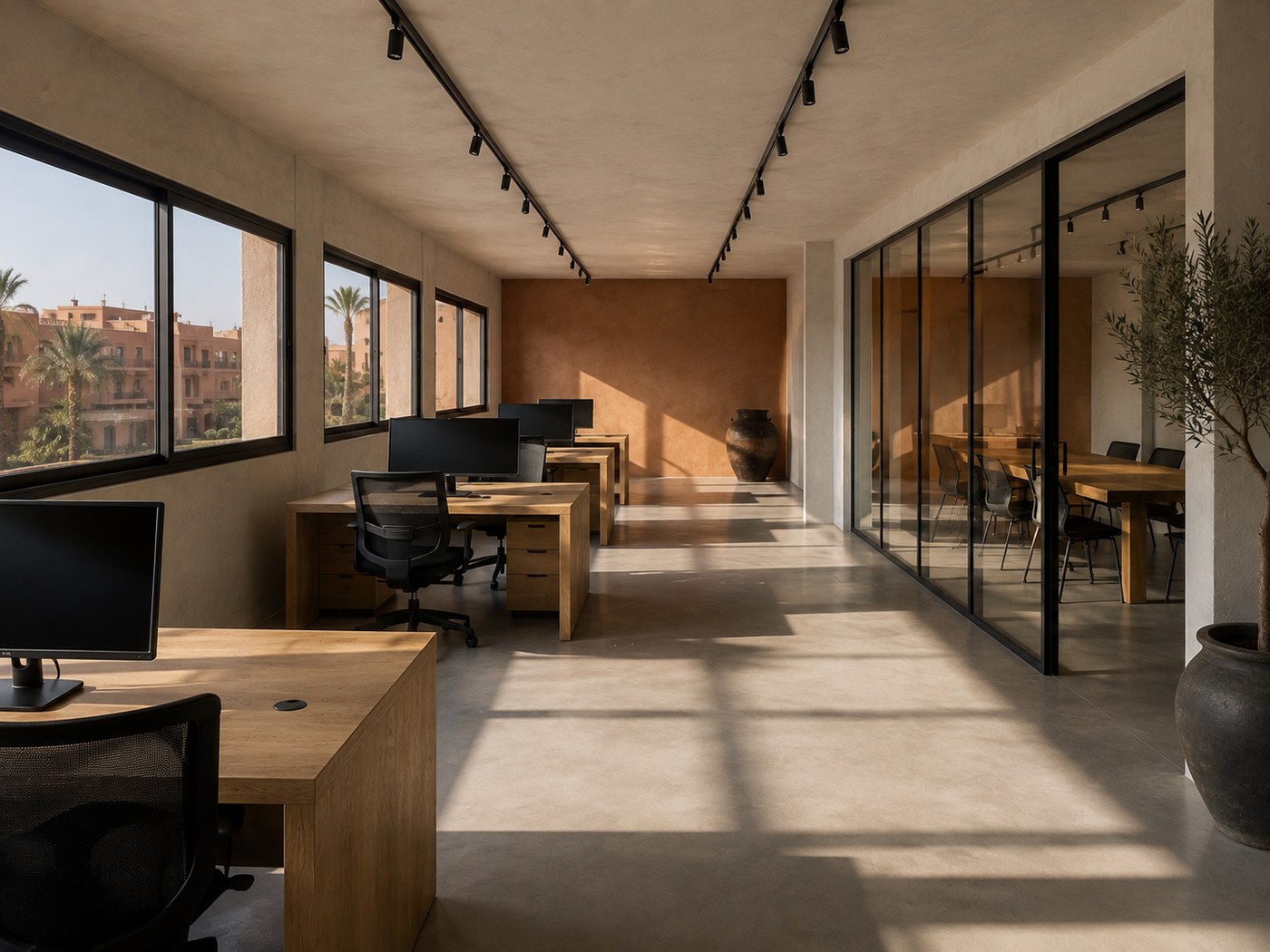 Plateau de bureaux livré à Marrakech, béton ciré et verrière acier